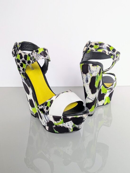 Just Cavalli Shoes - Just Cavalli Y2K Neon Black White Animal Print Open Toe Wedge Heels Size 38
